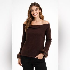 Heidi Weisel New York Cashmere Off-Shoulder Sweater with Fur Cuffs